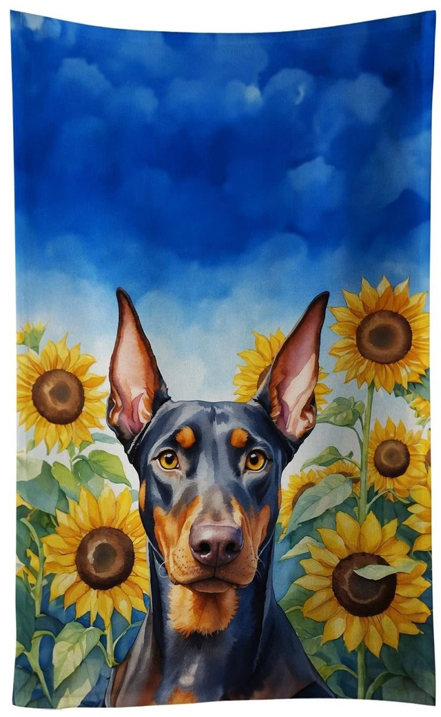 Main image of Doberman Pinscher in Sunflowers Kitchen Towel Dish Cloths Guest Hand Towel Decorative Bathroom Towel for Face,Tea, Dishcloth, Kitchen and Bath