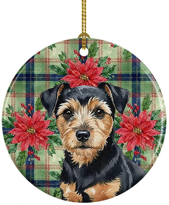 Main image of Black and Tan Norfolk Terrier Christmas PoinsettIas Ceramic Ornament Christmas Tree Hanging Decorations for Home Christmas Holiday, Party, Gift, 3 in, Multicolor