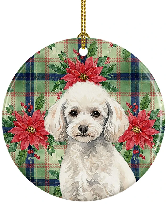 Main image of Miniature White Poodle Christmas PoinsettIas Ceramic Ornament Christmas Tree Hanging Decorations for Home Christmas Holiday, Party, Gift, 3 in, Multicolor