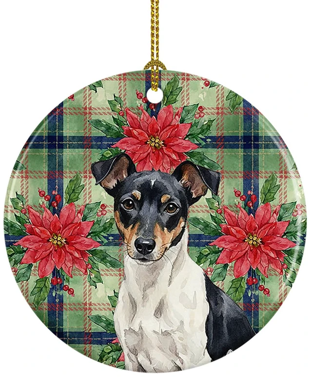 Main image of Black and White Rat Terrier Christmas PoinsettIas Ceramic Ornament Christmas Tree Hanging Decorations for Home Christmas Holiday, Party, Gift, 3 in, Multicolor