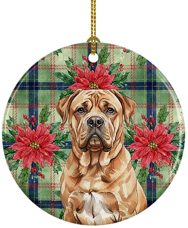 Main image of Dogue de Bordeaux Christmas PoinsettIas Ceramic Ornament Christmas Tree Hanging Decorations for Home Christmas Holiday, Party, Gift, 3 in, Multicolor