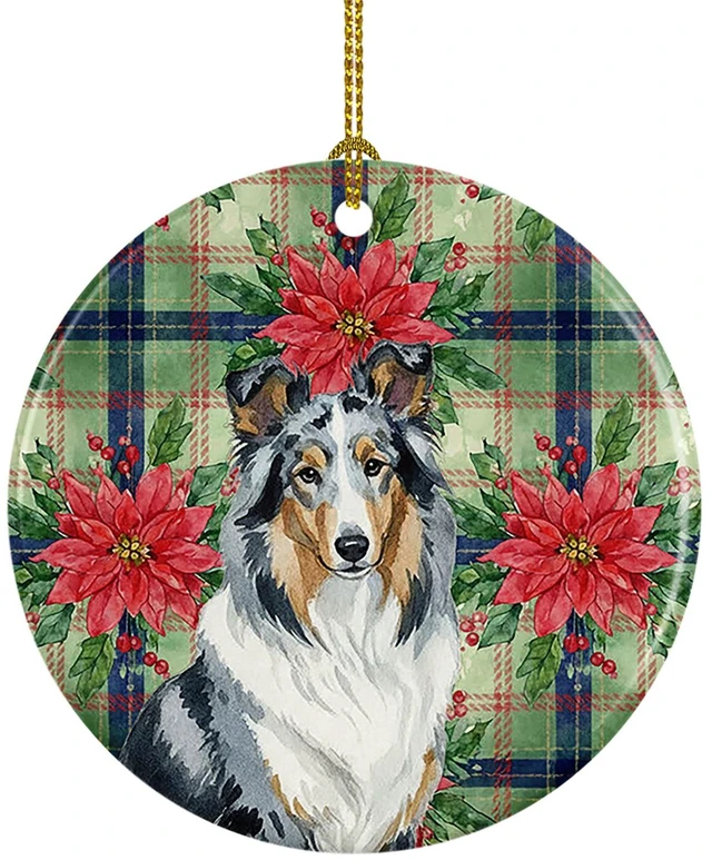 Main image of Blue Merle Collie Christmas PoinsettIas Ceramic Ornament Christmas Tree Hanging Decorations for Home Christmas Holiday, Party, Gift, 3 in, Multicolor