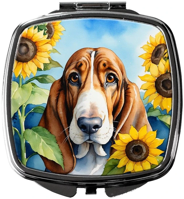 Main image of Basset Hound in Sunflowers Compact Mirror Decorative Travel Makeup Mirror for Women Girls Gifts Pocket Makeup Mirror Folding Handheld