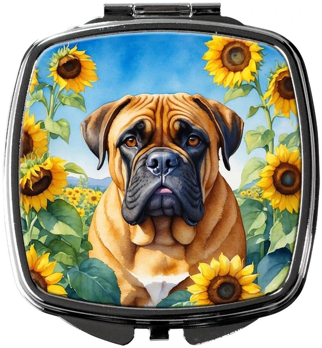 Main image of Bullmastiff in Sunflowers Compact Mirror Decorative Travel Makeup Mirror for Women Girls Gifts Pocket Makeup Mirror Folding Handheld