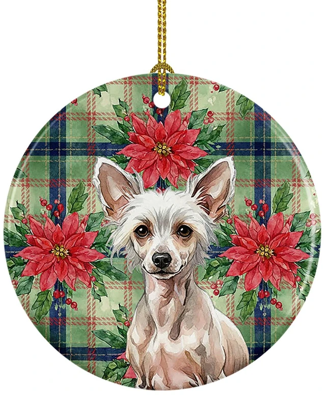 Main image of Hairless Chinese Crested Christmas PoinsettIas Ceramic Ornament Christmas Tree Hanging Decorations for Home Christmas Holiday, Party, Gift, 3 in, Multicolor