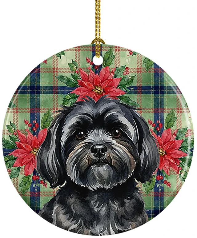 Main image of Black Lhasa Apso Christmas PoinsettIas Ceramic Ornament Christmas Tree Hanging Decorations for Home Christmas Holiday, Party, Gift, 3 in, Multicolor