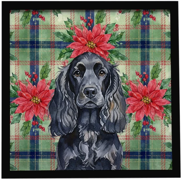 Main image of Black English Cocker Spaniel Christmas PoinsettIas Framed Metal Print Bathroom, Kitchen, Office, Home Decor Wall Art Ready to Hang, Square, 8X8