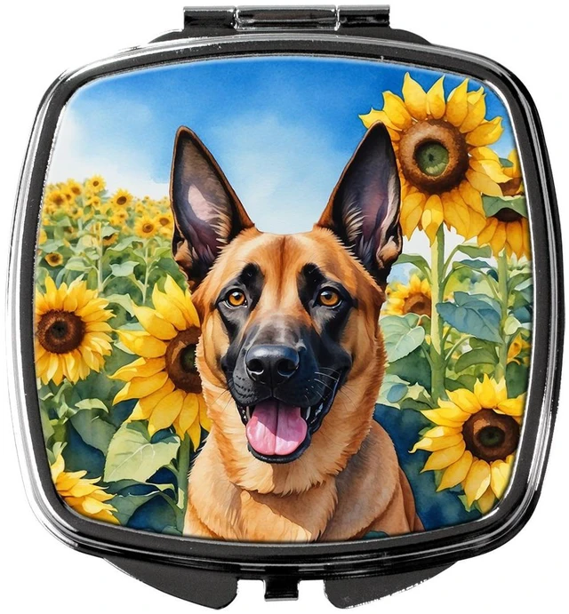 Main image of Belgian Malinois in Sunflowers Compact Mirror Decorative Travel Makeup Mirror for Women Girls Gifts Pocket Makeup Mirror Folding Handheld