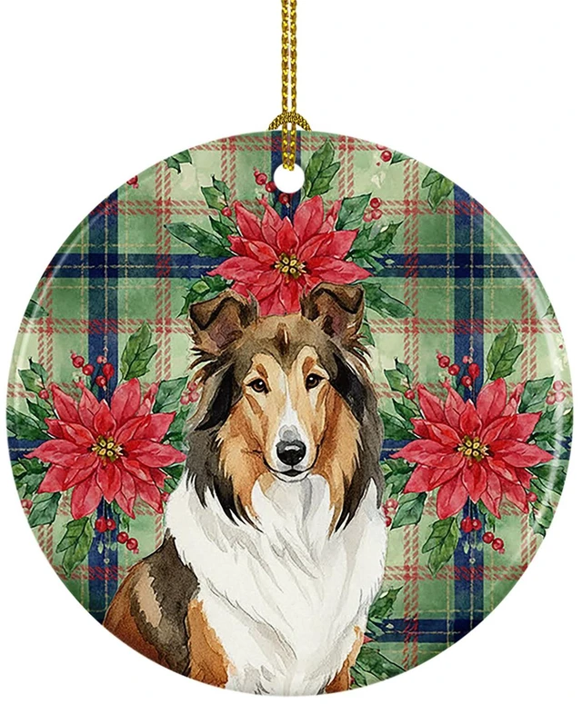 Main image of Sable Collie Christmas PoinsettIas Ceramic Ornament Christmas Tree Hanging Decorations for Home Christmas Holiday, Party, Gift, 3 in, Multicolor