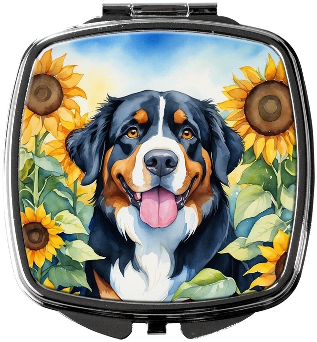 Main image of Bernese Mountain Dog in Sunflowers Compact Mirror Decorative Travel Makeup Mirror for Women Girls Gifts Pocket Makeup Mirror Folding Handheld