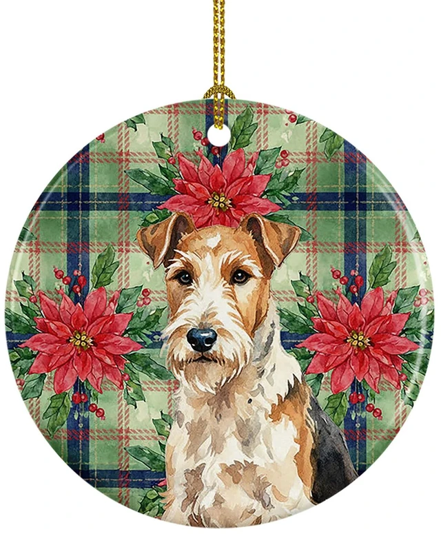 Main image of Wire Fox Terrier Christmas PoinsettIas Ceramic Ornament Christmas Tree Hanging Decorations for Home Christmas Holiday, Party, Gift, 3 in, Multicolor