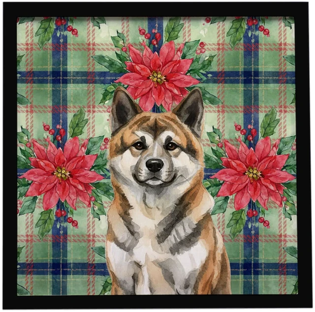 Main image of Brindle Akita Christmas PoinsettIas Framed Metal Print Bathroom, Kitchen, Office, Home Decor Wall Art Ready to Hang, Square, 8X8
