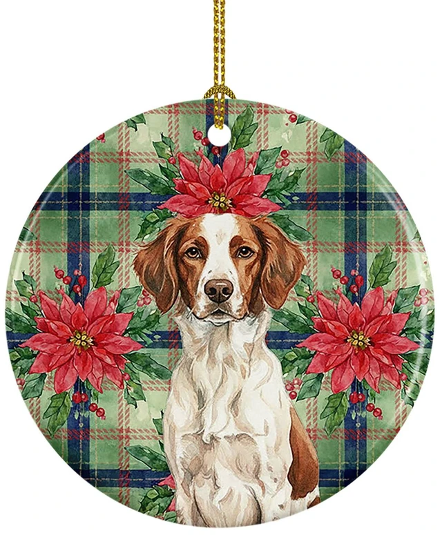 Main image of Liver and White Brittany Christmas PoinsettIas Ceramic Ornament Christmas Tree Hanging Decorations for Home Christmas Holiday, Party, Gift, 3 in, Multicolor