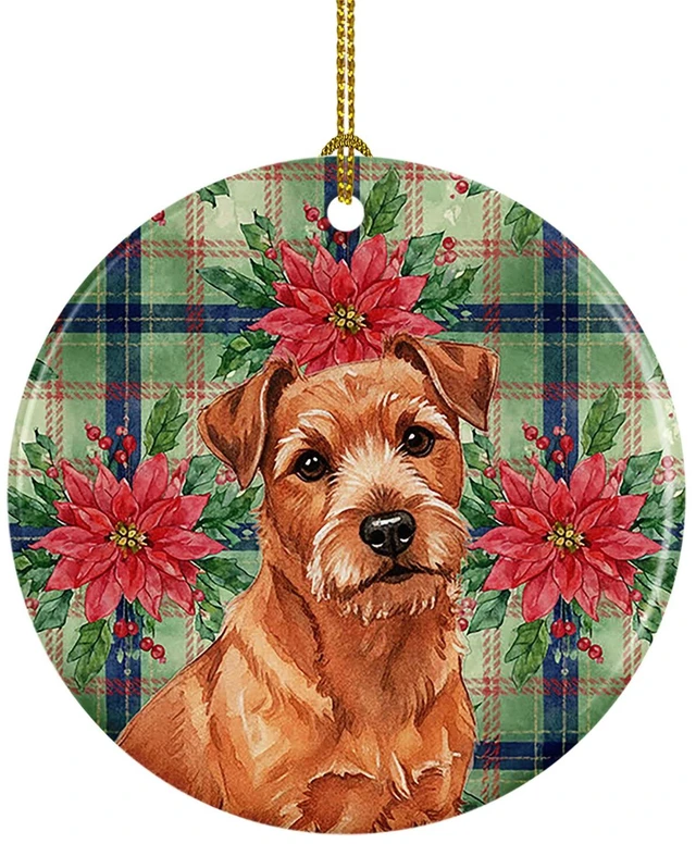 Main image of Red Norfolk Terrier Christmas PoinsettIas Ceramic Ornament Christmas Tree Hanging Decorations for Home Christmas Holiday, Party, Gift, 3 in, Multicolor