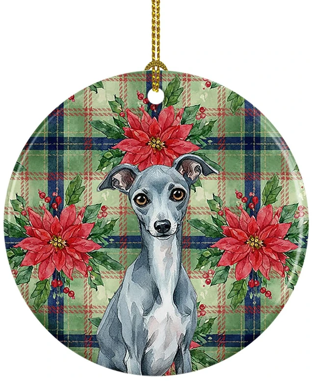 Main image of Blue Italian Greyhound Christmas PoinsettIas Ceramic Ornament Christmas Tree Hanging Decorations for Home Christmas Holiday, Party, Gift, 3 in, Multicolor
