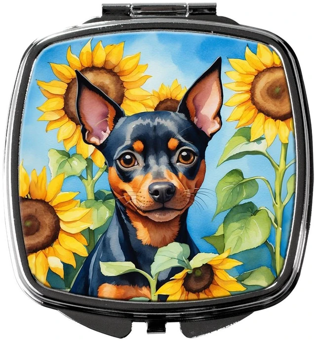 Main image of Miniature Pinscher in Sunflowers Compact Mirror Decorative Travel Makeup Mirror for Women Girls Gifts Pocket Makeup Mirror Folding Handheld