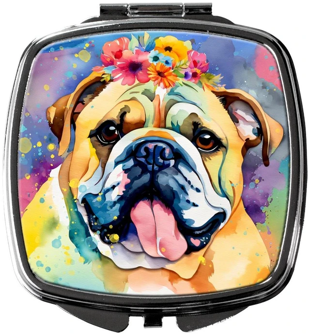 Main image of English Bulldog Hippie Dawg Compact Mirror Decorative Travel Makeup Mirror for Women Girls Gifts Pocket Makeup Mirror Folding Handheld