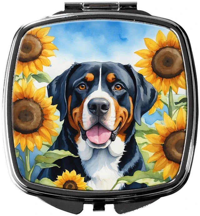 Main image of Greater Swiss Mountain Dog in Sunflowers Compact Mirror Decorative Travel Makeup Mirror for Women Girls Gifts Pocket Makeup Mirror Folding Handheld