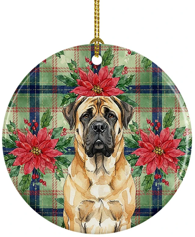 Main image of Fawn Mastiff Christmas PoinsettIas Ceramic Ornament Christmas Tree Hanging Decorations for Home Christmas Holiday, Party, Gift, 3 in, Multicolor