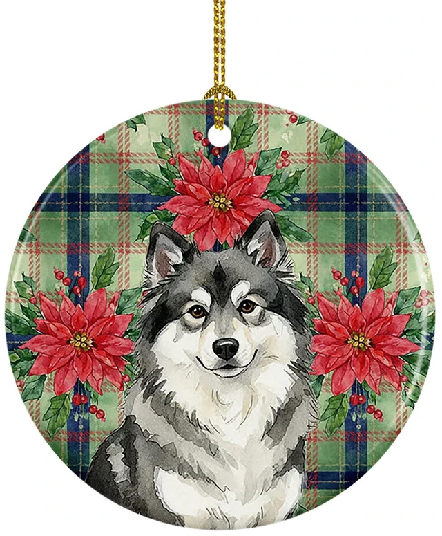 Main image of Keeshond Christmas PoinsettIas Ceramic Ornament Christmas Tree Hanging Decorations for Home Christmas Holiday, Party, Gift, 3 in, Multicolor
