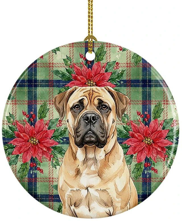 Main image of Bullmastiff Christmas PoinsettIas Ceramic Ornament Christmas Tree Hanging Decorations for Home Christmas Holiday, Party, Gift, 3 in, Multicolor