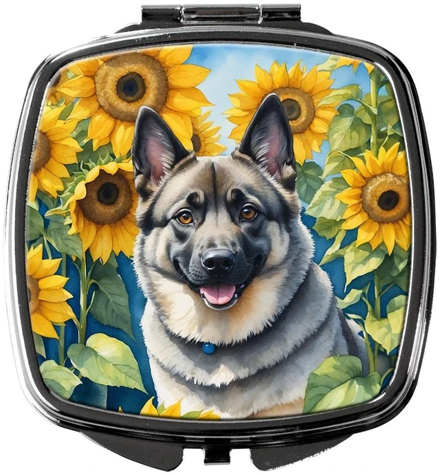 Main image of Norwegian Elkhound in Sunflowers Compact Mirror Decorative Travel Makeup Mirror for Women Girls Gifts Pocket Makeup Mirror Folding Handheld
