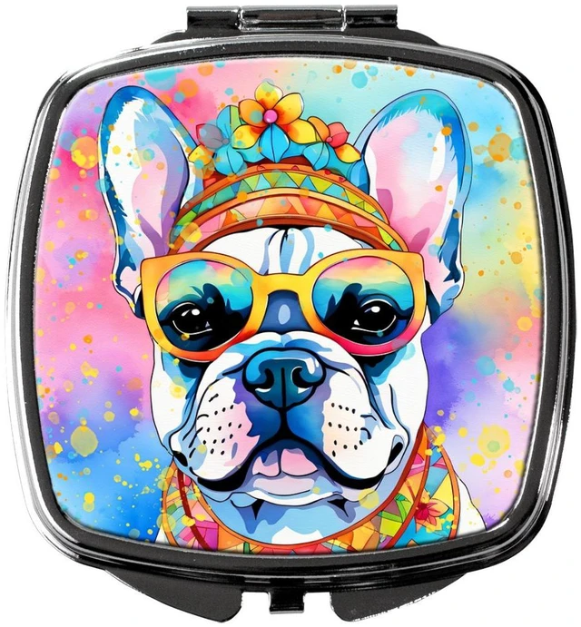 Main image of French Bulldog Hippie Dawg Compact Mirror Decorative Travel Makeup Mirror for Women Girls Gifts Pocket Makeup Mirror Folding Handheld