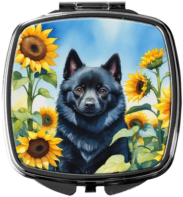 Main image of Schipperke in Sunflowers Compact Mirror Decorative Travel Makeup Mirror for Women Girls Gifts Pocket Makeup Mirror Folding Handheld
