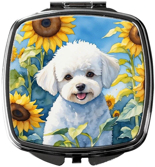 Main image of Bichon Frise in Sunflowers Compact Mirror Decorative Travel Makeup Mirror for Women Girls Gifts Pocket Makeup Mirror Folding Handheld