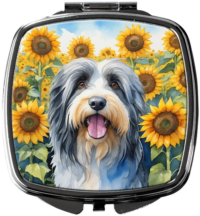 Main image of Bearded Collie in Sunflowers Compact Mirror Decorative Travel Makeup Mirror for Women Girls Gifts Pocket Makeup Mirror Folding Handheld