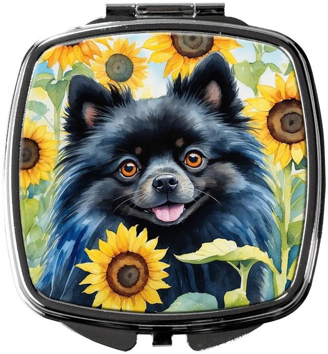 Main image of Pomeranian in Sunflowers Compact Mirror Decorative Travel Makeup Mirror for Women Girls Gifts Pocket Makeup Mirror Folding Handheld