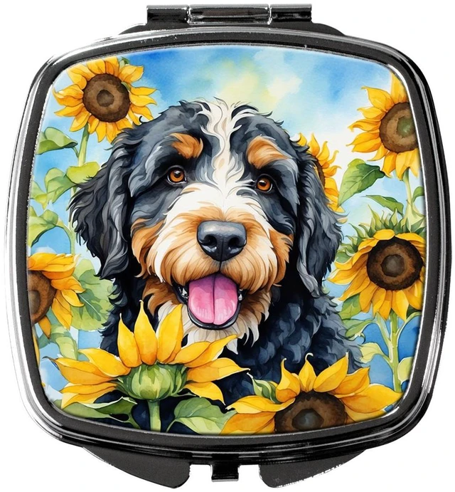 Main image of Bernedoodle in Sunflowers Compact Mirror Decorative Travel Makeup Mirror for Women Girls Gifts Pocket Makeup Mirror Folding Handheld