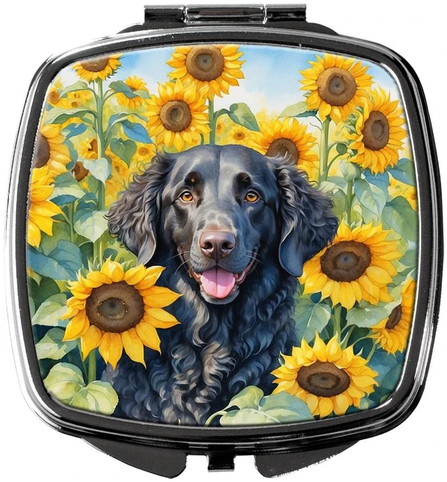 Main image of Curly-Coated Retriever in Sunflowers Compact Mirror Decorative Travel Makeup Mirror for Women Girls Gifts Pocket Makeup Mirror Folding Handheld