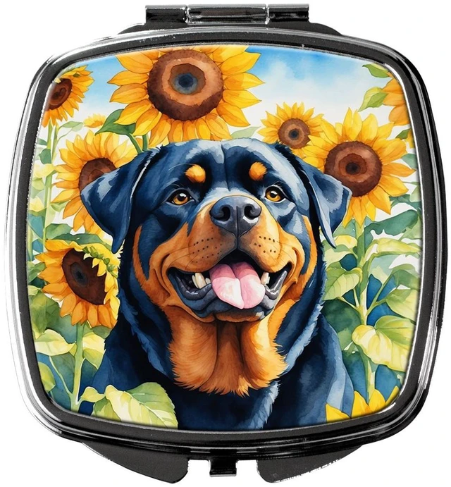 Main image of Rottweiler in Sunflowers Compact Mirror Decorative Travel Makeup Mirror for Women Girls Gifts Pocket Makeup Mirror Folding Handheld