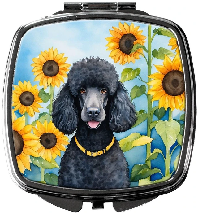 Main image of Black Poodle in Sunflowers Compact Mirror Decorative Travel Makeup Mirror for Women Girls Gifts Pocket Makeup Mirror Folding Handheld