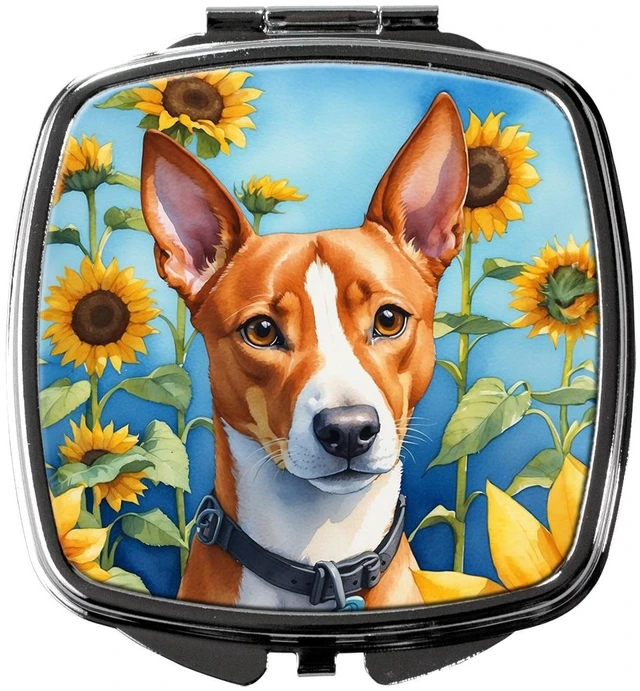 Main image of Basenji in Sunflowers Compact Mirror Decorative Travel Makeup Mirror for Women Girls Gifts Pocket Makeup Mirror Folding Handheld