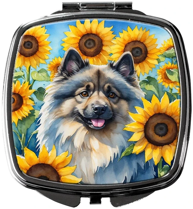 Main image of Keeshond in Sunflowers Compact Mirror Decorative Travel Makeup Mirror for Women Girls Gifts Pocket Makeup Mirror Folding Handheld