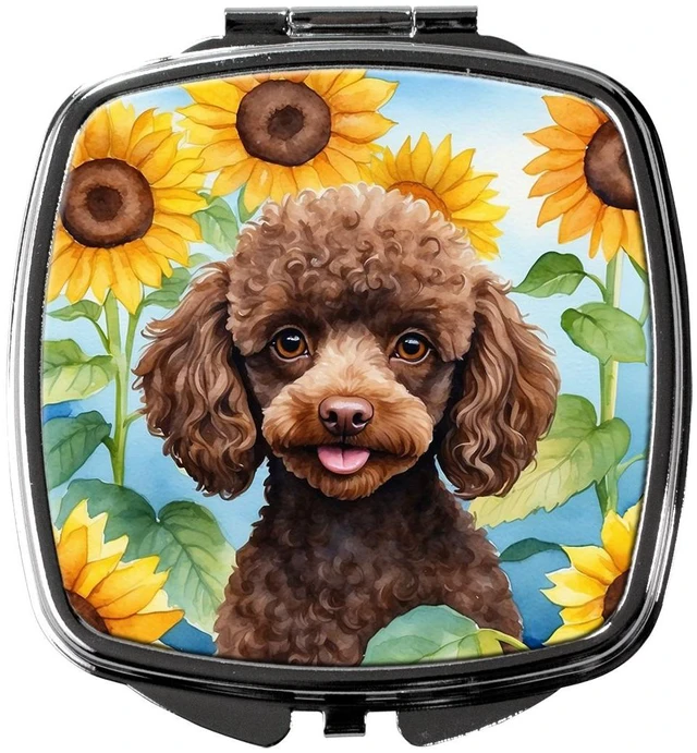 Main image of Chocolate Poodle in Sunflowers Compact Mirror Decorative Travel Makeup Mirror for Women Girls Gifts Pocket Makeup Mirror Folding Handheld