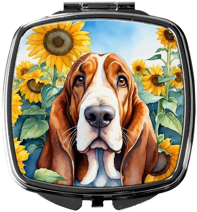 Main image of Basset Hound in Sunflowers Compact Mirror Decorative Travel Makeup Mirror for Women Girls Gifts Pocket Makeup Mirror Folding Handheld