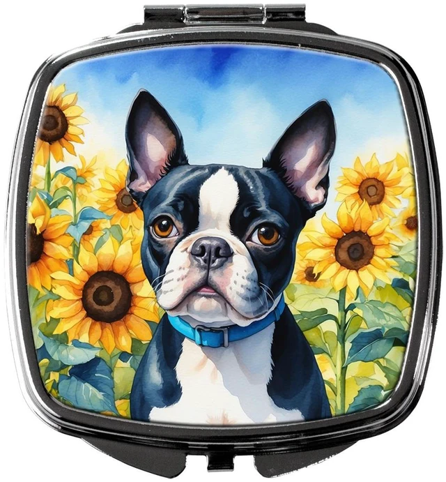 Main image of Boston Terrier in Sunflowers Compact Mirror Decorative Travel Makeup Mirror for Women Girls Gifts Pocket Makeup Mirror Folding Handheld