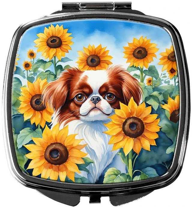 Main image of Japanese Chin in Sunflowers Compact Mirror Decorative Travel Makeup Mirror for Women Girls Gifts Pocket Makeup Mirror Folding Handheld