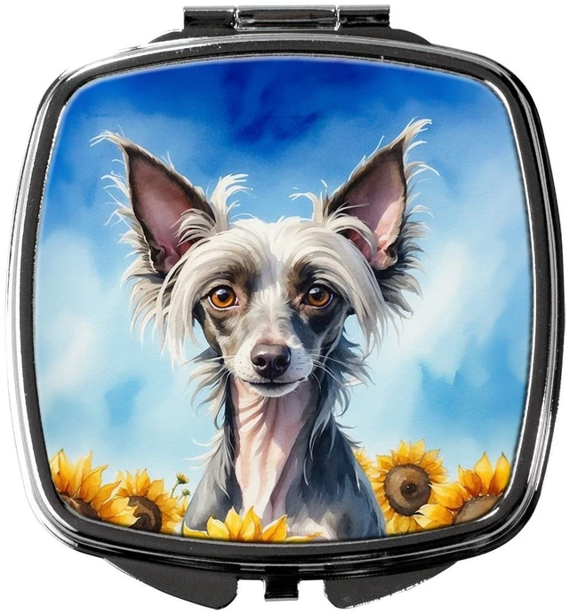 Main image of Chinese Crested in Sunflowers Compact Mirror Decorative Travel Makeup Mirror for Women Girls Gifts Pocket Makeup Mirror Folding Handheld