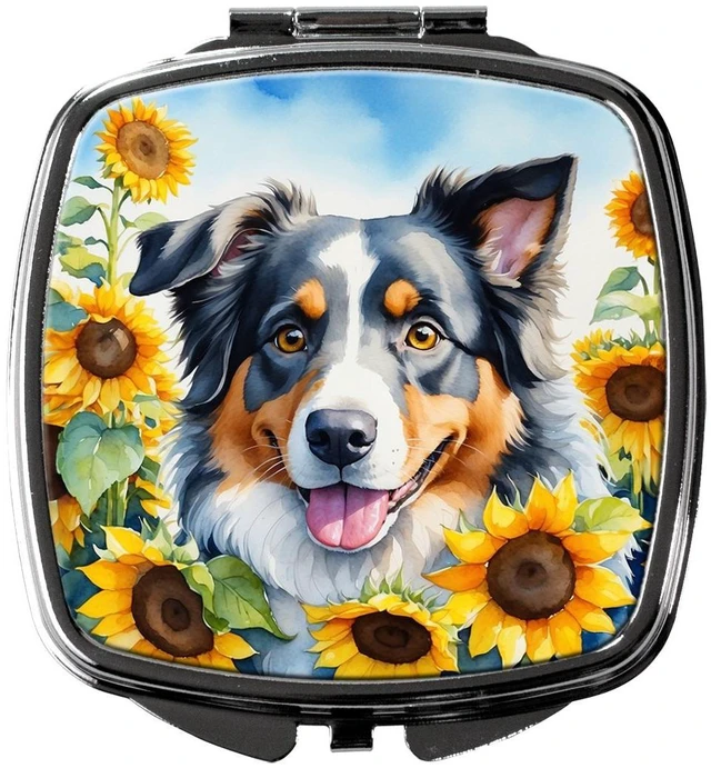 Main image of Australian Shepherd in Sunflowers Compact Mirror Decorative Travel Makeup Mirror for Women Girls Gifts Pocket Makeup Mirror Folding Handheld