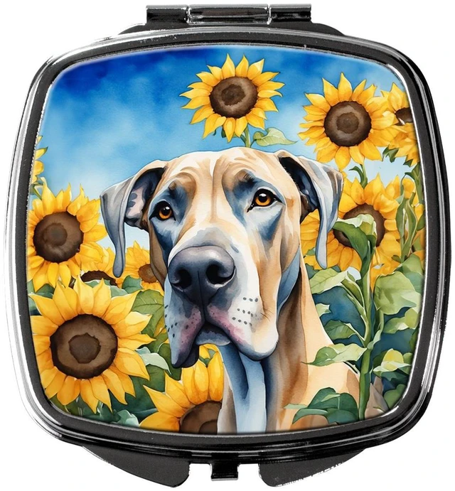 Main image of Great Dane in Sunflowers Compact Mirror Decorative Travel Makeup Mirror for Women Girls Gifts Pocket Makeup Mirror Folding Handheld