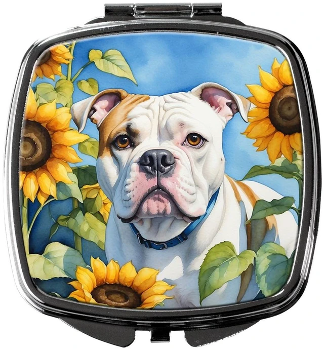 Main image of American Bulldog in Sunflowers Compact Mirror Decorative Travel Makeup Mirror for Women Girls Gifts Pocket Makeup Mirror Folding Handheld