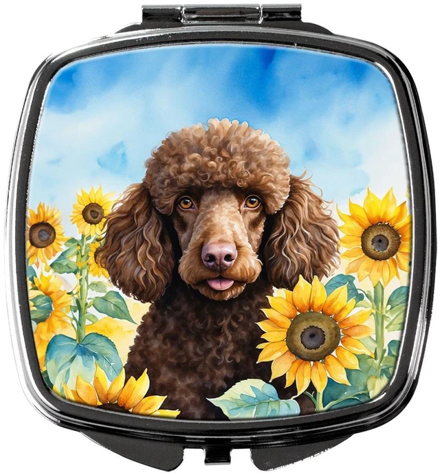 Main image of Chocolate Poodle in Sunflowers Compact Mirror Decorative Travel Makeup Mirror for Women Girls Gifts Pocket Makeup Mirror Folding Handheld