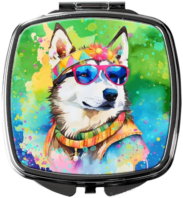 Main image of Siberian Husky Hippie Dawg Compact Mirror Decorative Travel Makeup Mirror for Women Girls Gifts Pocket Makeup Mirror Folding Handheld