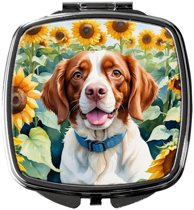 Main image of Brittany Spaniel in Sunflowers Compact Mirror Decorative Travel Makeup Mirror for Women Girls Gifts Pocket Makeup Mirror Folding Handheld