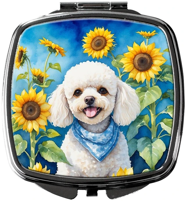 Main image of White Poodle in Sunflowers Compact Mirror Decorative Travel Makeup Mirror for Women Girls Gifts Pocket Makeup Mirror Folding Handheld