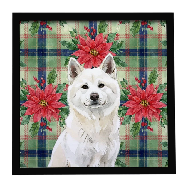 Main image of White Akita Christmas PoinsettIas Framed Metal Print Bathroom, Kitchen, Office, Home Decor Wall Art Ready to Hang, Square, 8X8
